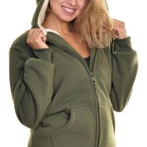 Angelina Olive & Ivory Sherpa-Lined Zip-Up Hoodie